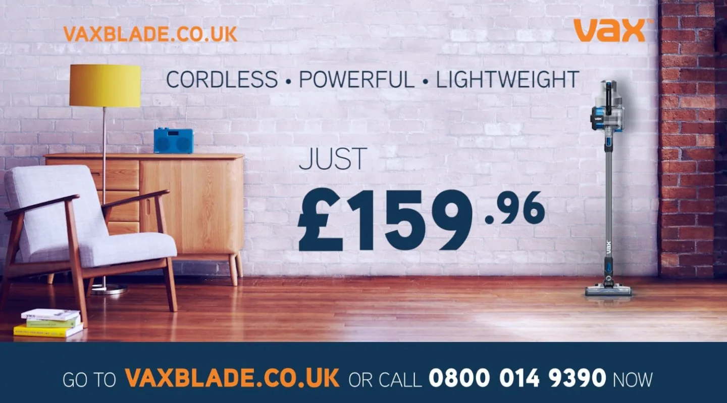 Vax Blade campaign graphic: a cordless vacuum cleaner in a living room, priced at £159.96