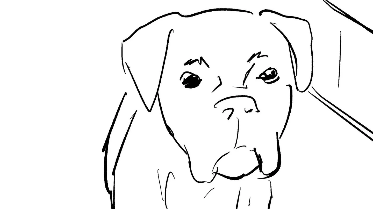 Storyboard sketch of Geoff the dog for the Wiltshire Farm Foods advert